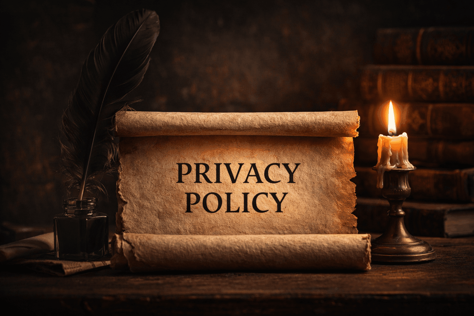 Privacy Policy parchment document in gothic candlelit study Privacy Policy parchment document in gothic candlelit study